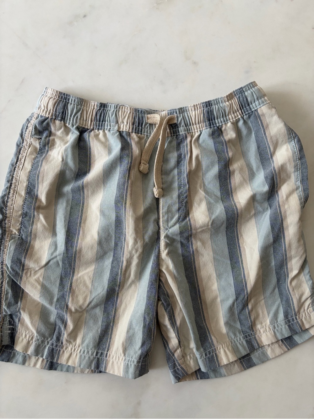 Free Planet Striped Drawstring Swim Trunks in Blue and Cream